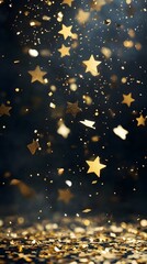 A festive scene featuring falling golden stars against a dark background.