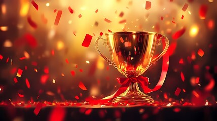 A gleaming golden trophy with a red ribbon surrounded by vibrant confetti, evoking victory and celebration.