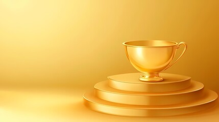 A gleaming golden trophy cup displayed on a layered golden pedestal, symbolizing achievement and excellence.