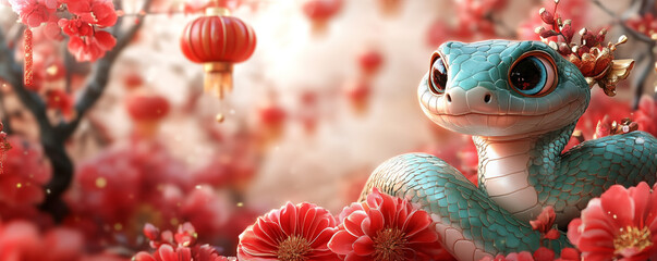 Naklejka premium Green snake with chinese decorations as symbol of Lunar Chinese New Year 2025. Banner with copy space. Shallow depth of field.