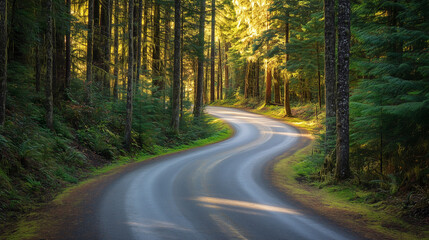 Obraz premium Serene winding road through dense green forest with sunlight filtering through tall trees