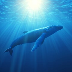 Naklejka premium Ocean Sunlight Illuminates Humpback Whale Gracefully Swimming