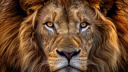 Naklejka premium A lion, ideal for dreamscape portraiture with a gigantic scale. Perfect as wallpaper or wall poster background for design.