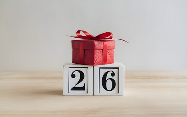 Wooden block calendar 26 December and red color gift box on wood table with white wall background, Happy boxing day sale concept, Copy space your text