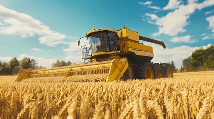 Obraz premium A bright yellow combine harvester harvesting golden wheat in a sunlit field.