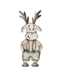 Cartoon moose character wearing suspenders and smiling, ideal for children\'s illustrations