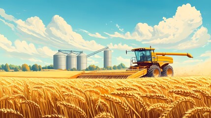 Obraz premium A yellow harvesting machine working in a golden wheat field under a bright blue sky.