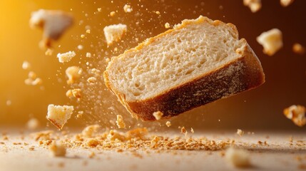 Crumbs of bread exploding in midair.