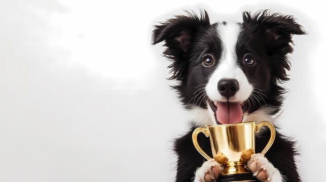 A playful black and white Border Collie proudly holds a small golden trophy in its paws, showcasing its winning spirit.
