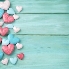 Obraz premium Pastel Hearts Scattered on Teal Wooden Background