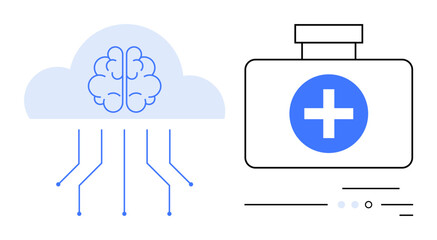 AI-powered brain cloud concept connected to medical technology symbolizing healthcare advancements. Ideal for medical technology, healthcare innovations, telemedicine, AI in health, medical research