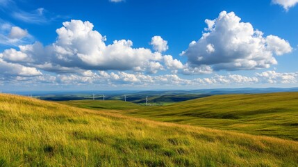 Obraz premium A serene landscape showcasing a wind farm on picturesque rolling hills under a bright blue sky with fluffy white clouds, symbolizing renewable energy and sustainable living.