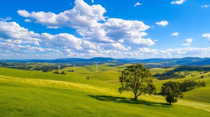 Obraz premium A serene landscape showcasing a wind farm on picturesque rolling hills under a bright blue sky with fluffy white clouds, symbolizing renewable energy and sustainable living.