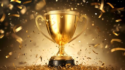 A stunning gold trophy surrounded by shimmering confetti, symbolizing victory and achievement.
