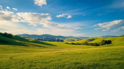 A serene landscape showcasing a wind farm on picturesque rolling hills under a bright blue sky with fluffy white clouds, symbolizing renewable energy and sustainable living.