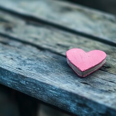 Fototapeta premium Pink Wooden Heart on Weathered Wooden Bench