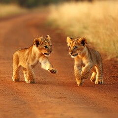Fototapeta premium Playful Lion Cubs on African Savannah Road