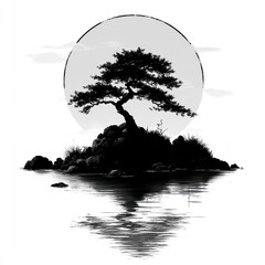 Solitary bonsai tree on a small island at sunset, reflected in calm water.