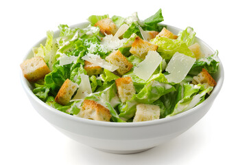 Classic Caesar salad with fresh vegetables and parmesan in bowl isolated on white background