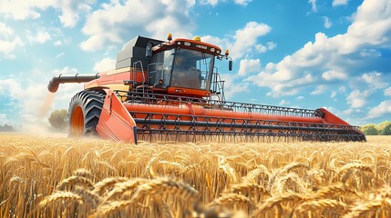 Obraz premium A powerful combine harvester working in a golden wheat field under a bright blue sky.