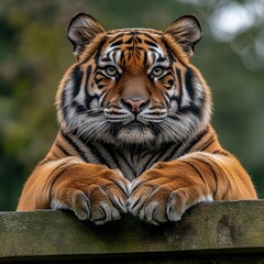 Fototapeta premium Powerful Sumatran Tiger Portrait Resting on Wood