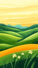 Obraz premium A serene landscape with rolling hills in shades of green under a bright yellow sky, conveying a sense of peace and harmony, with a calm and harmonious atmosphere that invites relaxation.