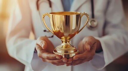 A female doctor of Asian descent proudly holds a golden trophy, symbolizing excellence in healthcare.