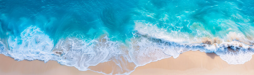Naklejka premium A beautiful turquoise ocean with soft waves on a sandy beach. Perfect for summer vacation or travel banner backgrounds.