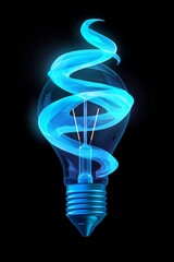 Obraz premium A bright blue lightbulb with bold rays extending outward on a matte black background. The filament inside forms a creative swirl, making it ideal for innovation or idea-driven themes. 