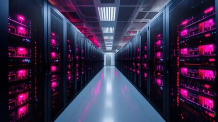 Obraz premium Quantum machines and computing development, A futuristic data center corridor lined with servers, featuring vibrant pink lights, highlighting a sleek and high-tech environment.