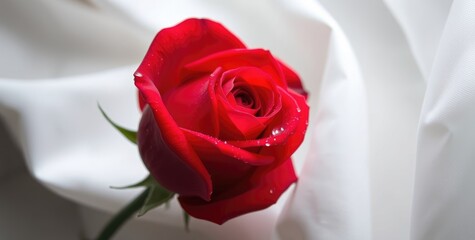 Vivid red rose with droplets of water rests gracefully on soft white fabric, symbolizing love and beauty, ideal for festivities like Valentine's Day or weddings