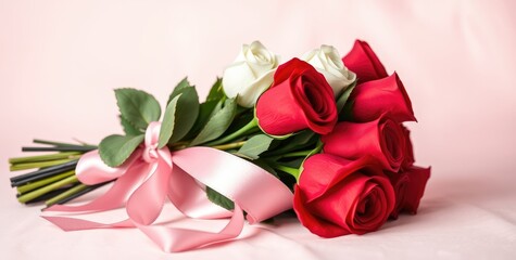 This exquisite bouquet features vibrant red and elegant white roses, tied with a soft pink ribbon, perfect for Valentine's Day or any heartfelt celebration