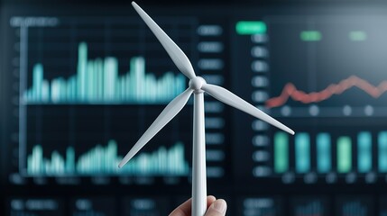 A hand holds a small wind turbine model in front of digital graphs, symbolizing renewable energy and data analysis.