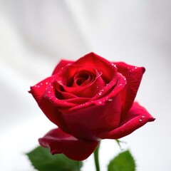 Fototapeta premium A stunning close-up of a vibrant red rose adorned with delicate droplets, symbolizing love and elegance for celebrations like Valentine's Day or weddings