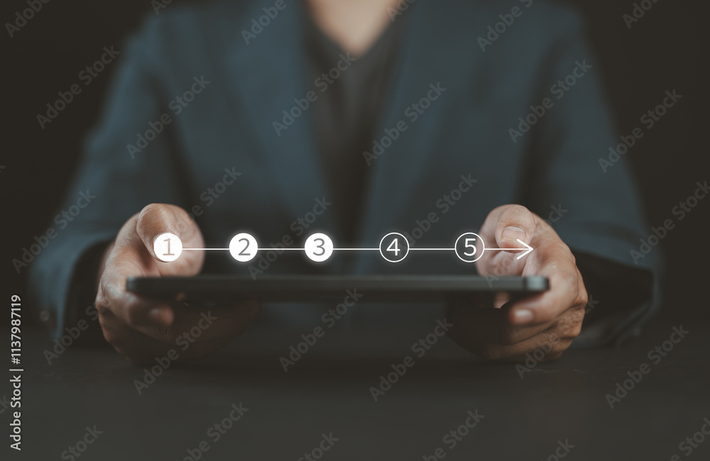 Aufkleber Business plan progress step, Man with a tablet and step checklists with progressive loading status to remind work task progressive for project development tracking and managing concept.
