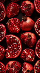 Closeup of pomegranate, showcasing vibrant red hues and intricate seeds. Ideal for social media display or as wallpaper.