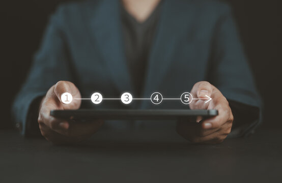 Business plan progress step, Man with a tablet and step checklists with progressive loading status to remind work task progressive for project development tracking and managing concept.