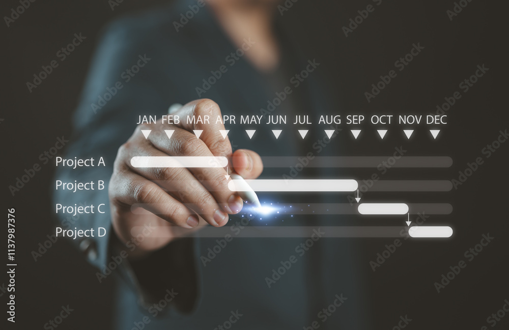 Aufkleber Project milestones, progress planning, schedule proceeding and summary reports. Project manager or engineer manages construction with Gantt chart schedules. Software for tracking operation procedures.