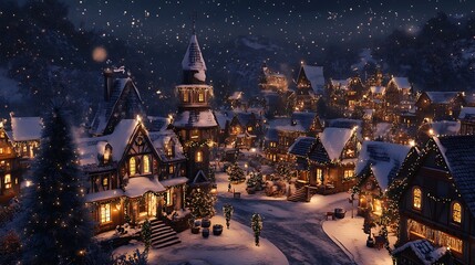 Fototapeta premium Christmas village with snow-covered rooftops, twinkling lights, and festive decorations 