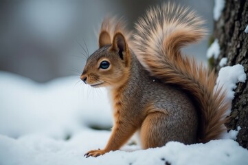 Obraz premium Squirrel playing in the snow during a winter afternoon in a forest setting