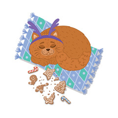 A cute cat sleeps after eating Christmas cookies