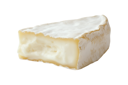 Creamy Camembert cheese wedge isolated on transparent background.