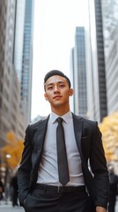 A young man in a business suit walking through the financial district downtown