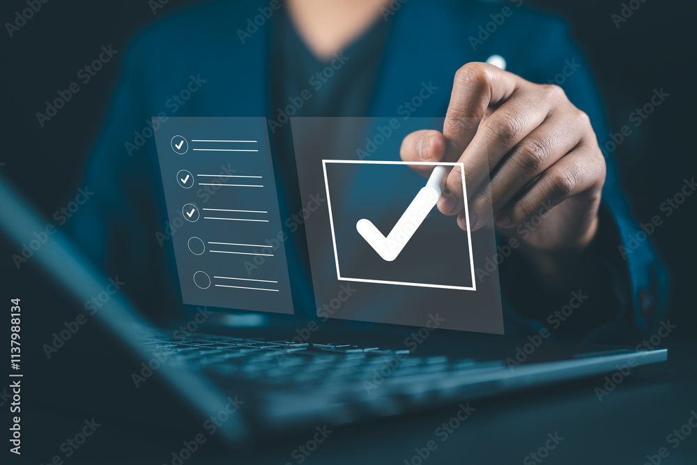 Poster Business performance checklist and tracking.Tick mark on checkbox. Evaluate online survey questionnaires, conducting audits evaluation and assessments. Standard certification and quality improvement