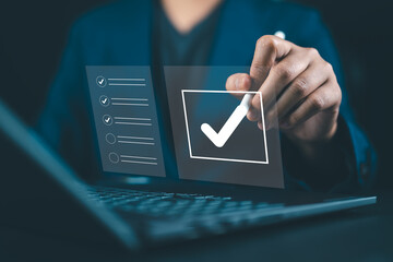 Business performance checklist and tracking.Tick mark on checkbox. Evaluate online survey...