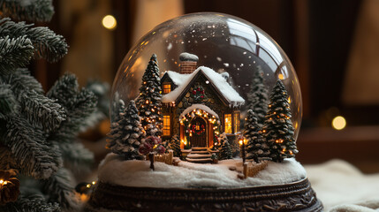 Snow globe featuring a festive house with glowing lights and pine trees in a magical winter scene
