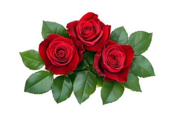 Red roses and green leaves isolated on transparent background.