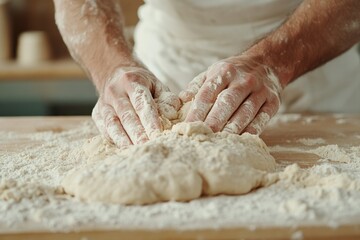 Hands kneading dough on a floured wooden surface