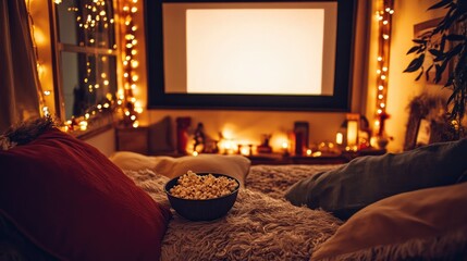 Cozy home theater setup with popcorn and warm lighting for movie nights.