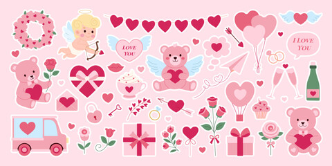 A collection of Valentine's Day themed stickers and images. There are many hearts, a teddy bear, a truck, a cupcake, and a balloon